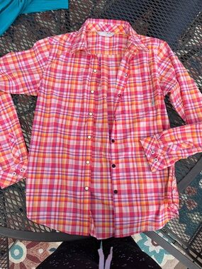 Stio Women's Pink Orange Purple Plaid Button Shirt